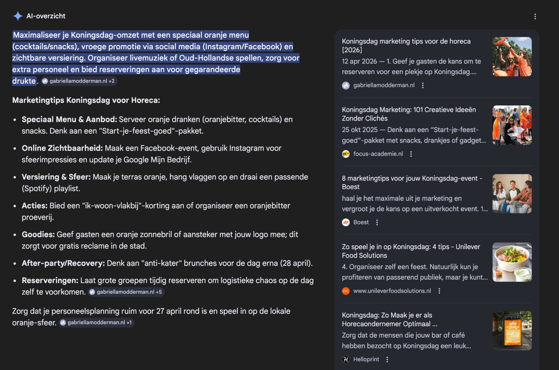 Google AI Overview — Koningsdag marketingtips horeca