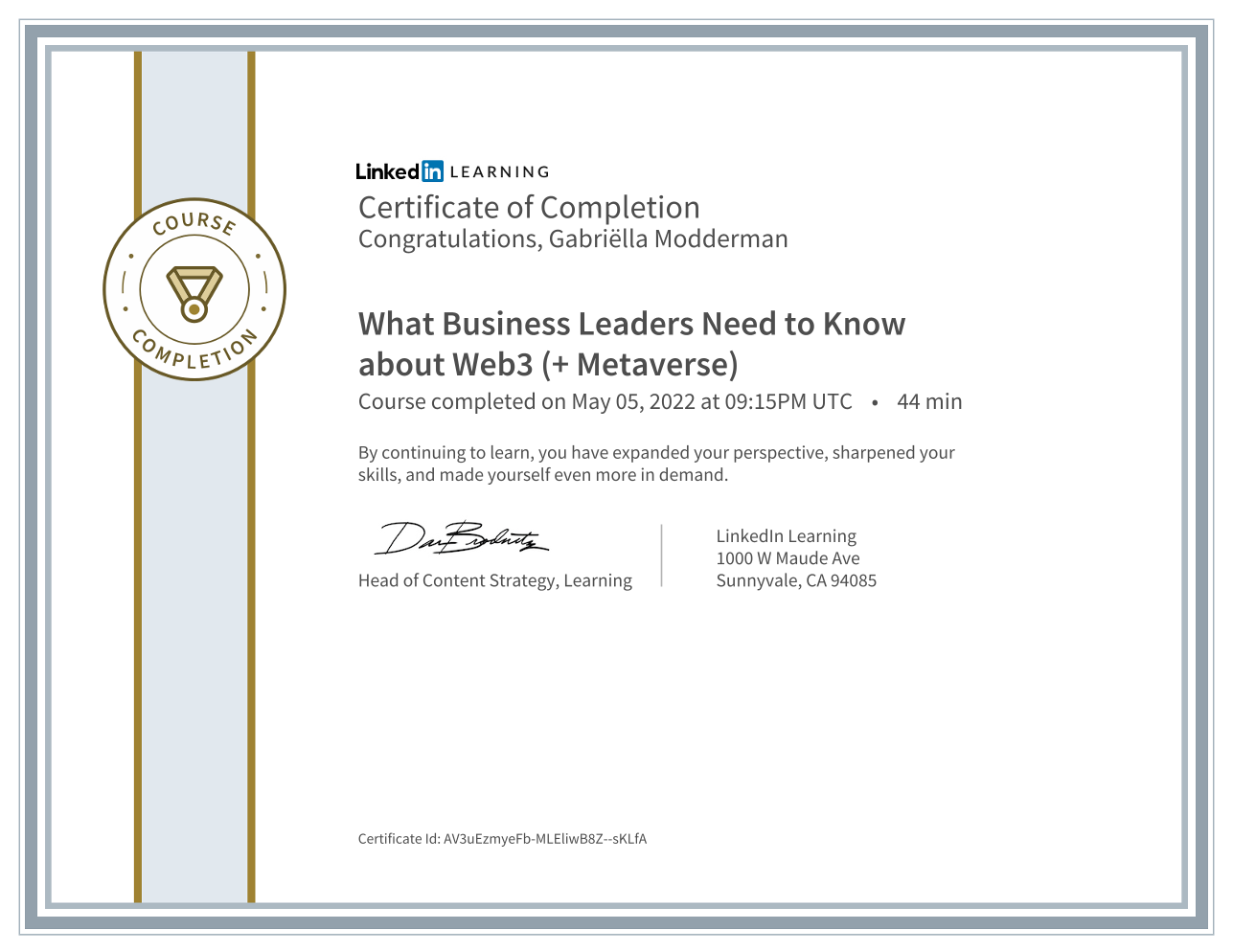 Certificaat: What Business Leaders Need to Know about Web3 (+ Metaverse) — LinkedIn Learning