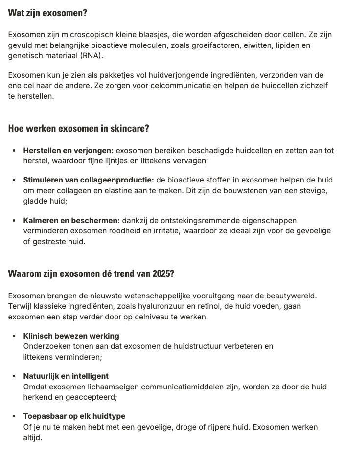 Voorbeeld van een informatieve blog voor Almaaz over exosomen in skincare