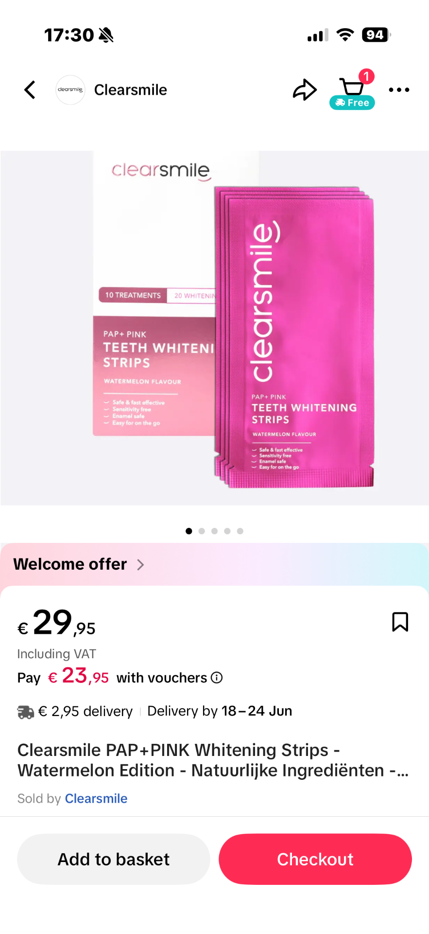 Clearsmile PAP+PINK Whitening Strips productpagina met welkomstaanbieding