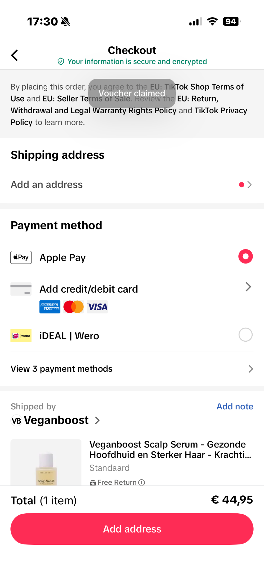 TikTok Shop checkout-scherm met Apple Pay, iDEAL en Wero als betaalopties