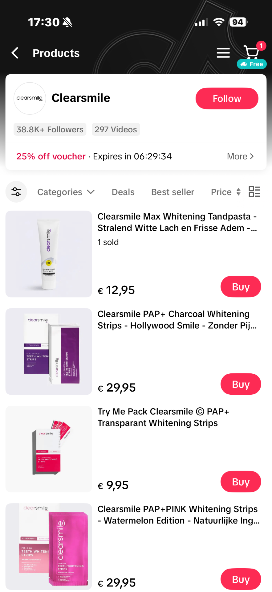 Clearsmile TikTok Shop productoverzicht met whitening tandpasta en strips
