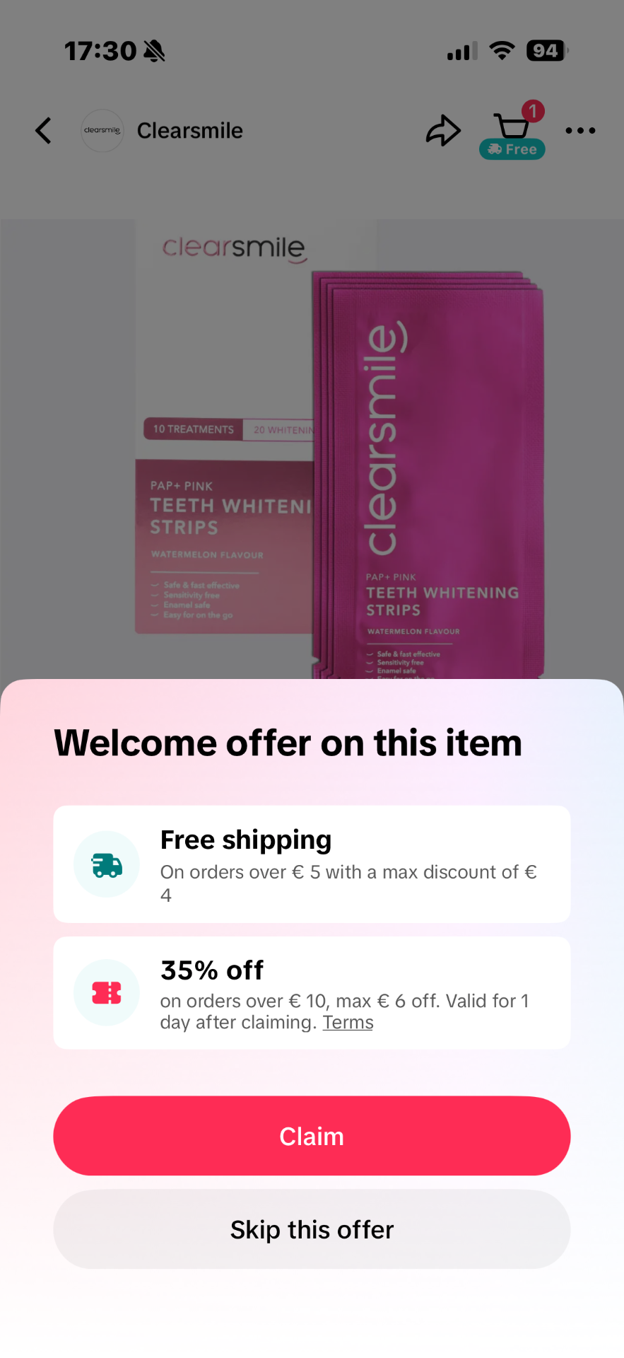 TikTok Shop welkomstaanbieding pop-up van Clearsmile met gratis verzending en 35% korting