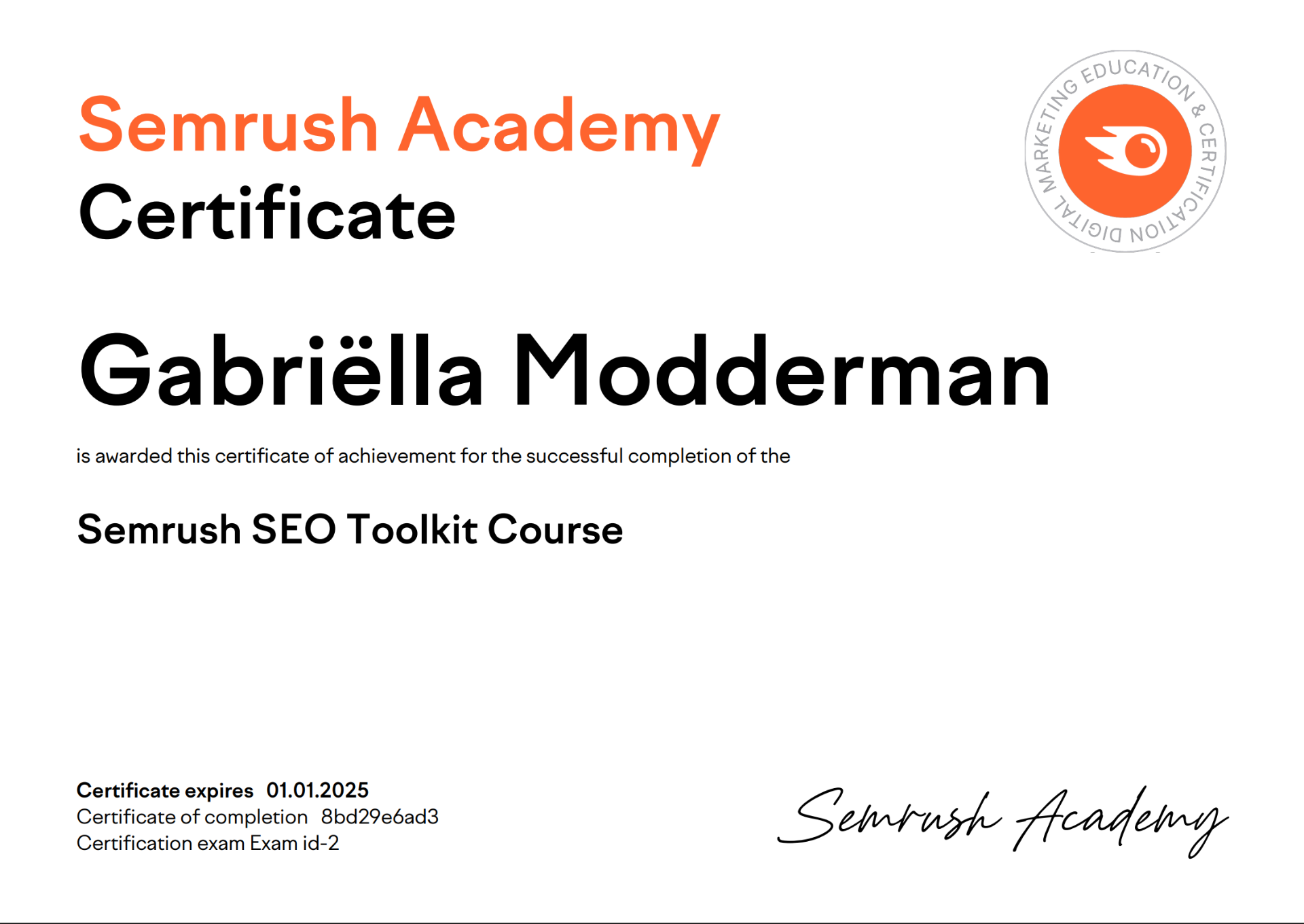 Certificaat: Semrush SEO Toolkit Course — Semrush Academy