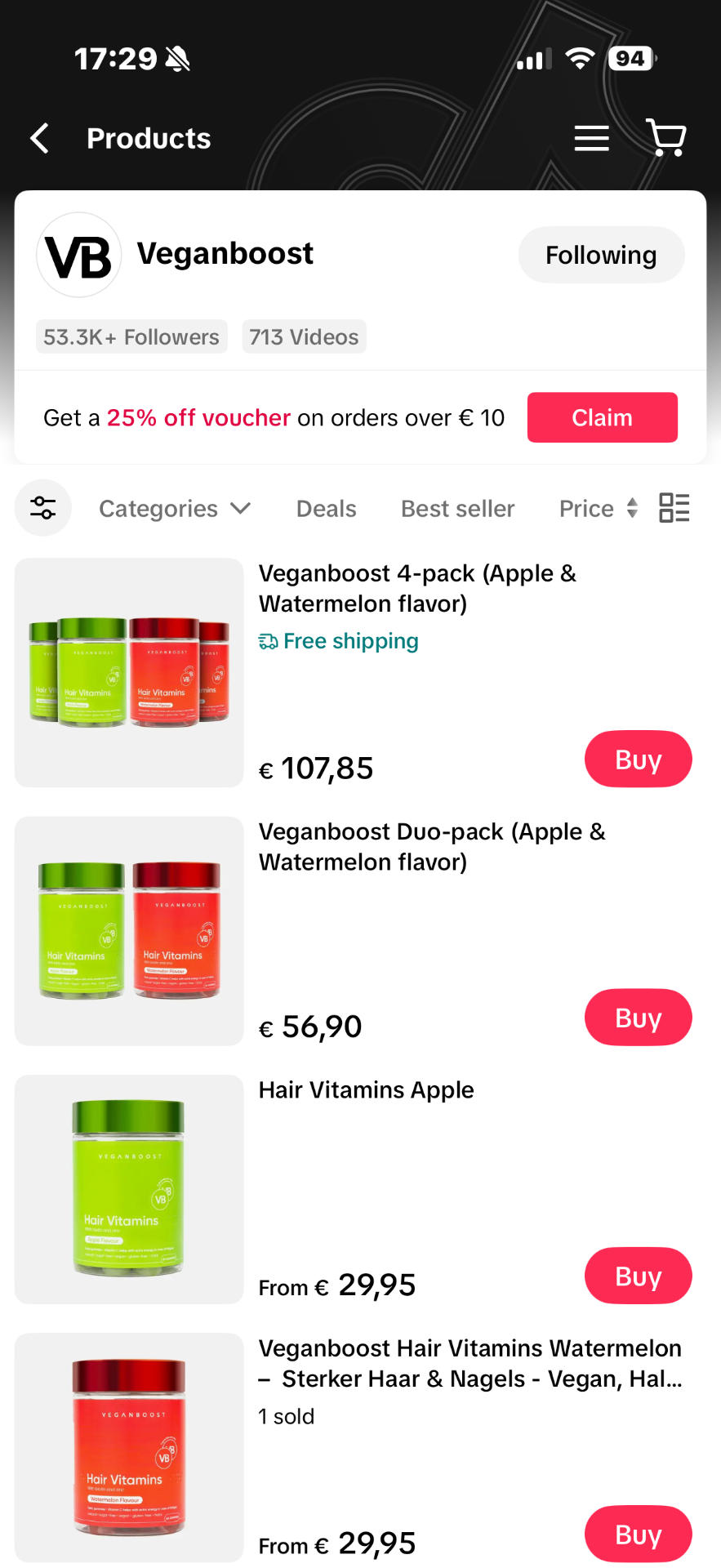 Veganboost TikTok Shop productoverzicht met 25% korting voucher