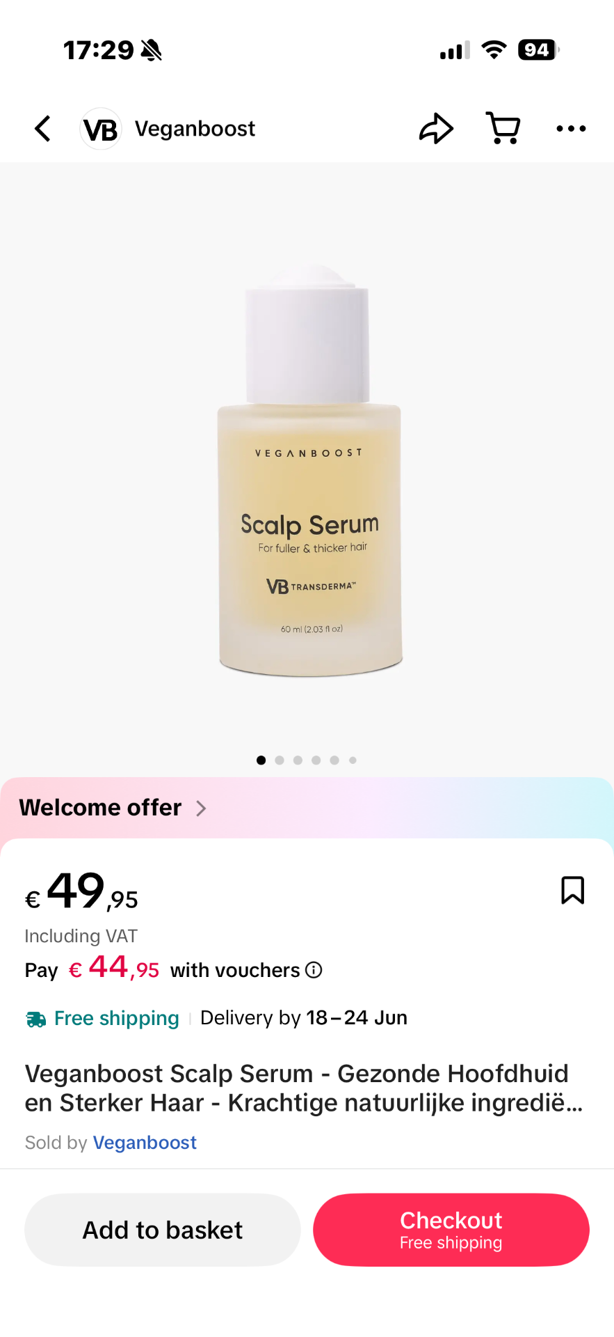 Veganboost Scalp Serum productpagina in TikTok Shop met welkomstaanbieding